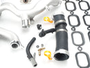 Complete set of Jaguar 5.0L V8 Cooling upgrade Parts including aluminum pipes, thermostat hose, and brass bleeder screw