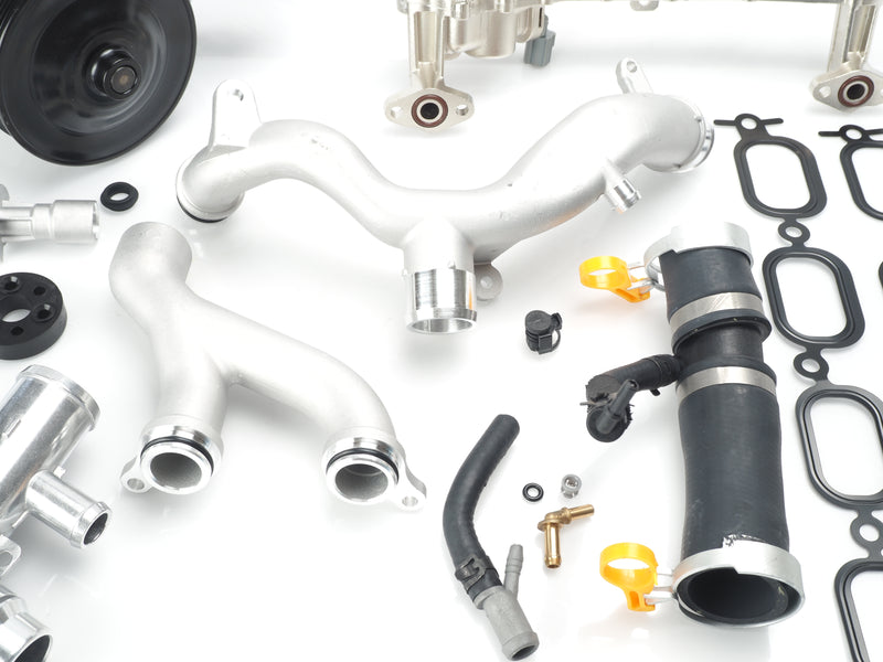 Jaguar 5.0L V8 Cooling System Upgrade Parts - Aluminum Crossover Pipes, Thermostat Outlet Hose, Brass Hose Bleeder Screw