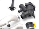 Aluminum coolant crossover pipes LR092992 and thermostat LR010796, part of AJ126 3.0L V6 cooling system kit for Range Rover Sport